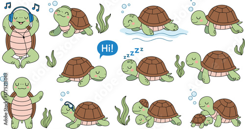 Cartoon turtles in various poses and emotions, green shell characters, playful animal illustration, kids emotion chart, expressive reptile artwork
