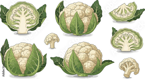 Cauliflower illustration, whole and sliced, botanical anatomy, vegetable cross-section, florets, green leaves, healthy food, cooking, isolated, white background