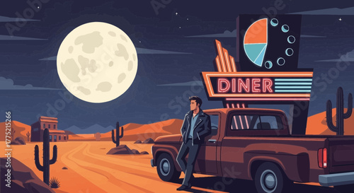Night wanderer near a desert road diner lit by moonlight in a vintage style