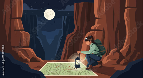 Nighttime desert navigation: a woman explores a map in canyon setting