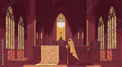 Serene illustration of a noblewoman praying in a cathedral, golden light streaming through stained glass
