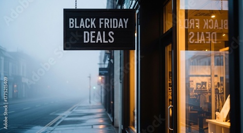 Wooden sign reading “Black Friday Deals” outside store at early morning opening time with soft light