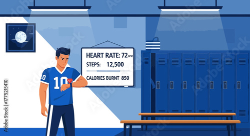 Athlete monitoring fitness metrics in locker room with data visualization