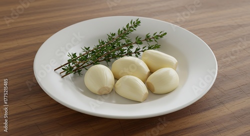 A white plate with peeled garlic cloves and sprigs of fresh thyme on a wooden surface