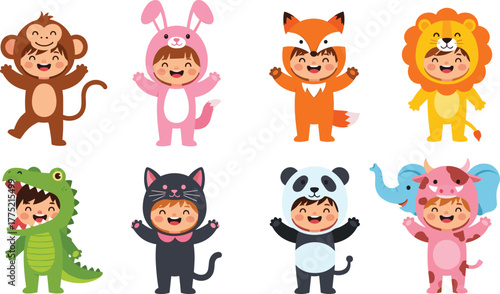 Children in animal costumes smiling and posing, playful character outfits, kids party theme, animal roleplay, cartoon-style illustration, joyful expression
