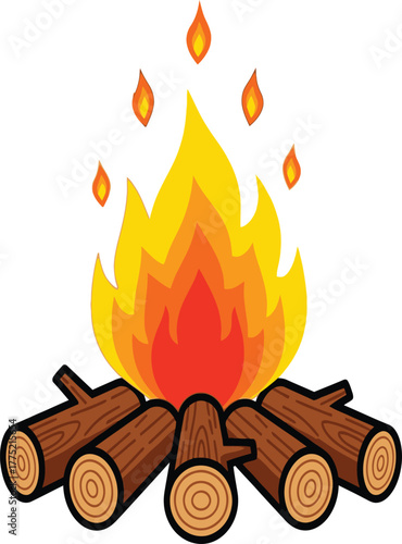 A bright bonfire with yellow and orange flames, casting a warm glow on the surrounding logs, isolated on white background a symbol of warmth, comfort, and the outdoors