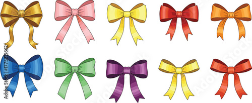 Colorful cartoon bows, decorative ribbon icons, gift wrap elements, festive bow illustrations, crafting design assets, celebration clipart, vibrant ribbon graphics