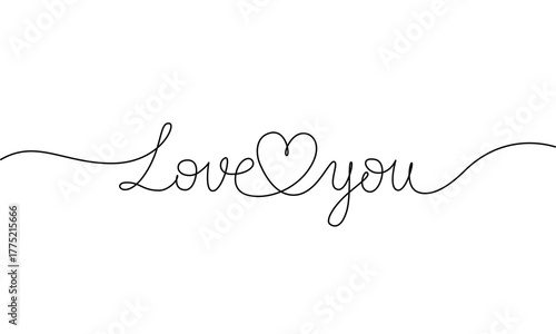 Love You handwritten inscription witn heart. One line drawing phrase hand writing calligraphy. Valentine's Day, Romance concept