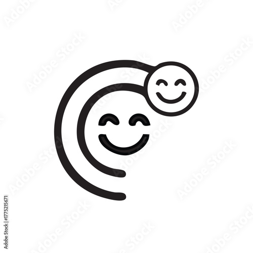 A minimalist black and white graphic of a smiling face with radiating waves, symbolizing happiness and connection.