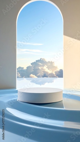 A white podium floats within a light blue serene pool, beneath an arch framed sky