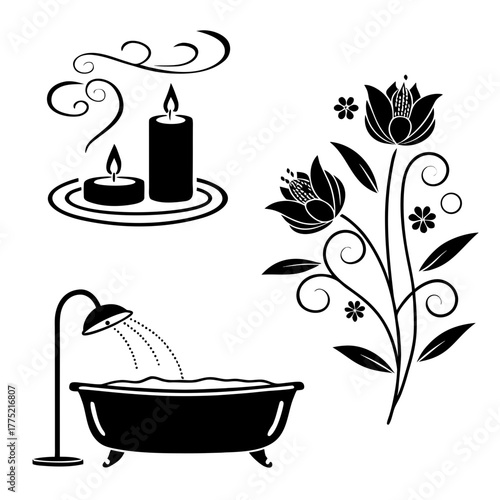Spa and wellness elements with bathtub, candle and flower