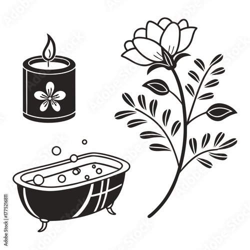 Spa and wellness elements with bathtub, candle and flower