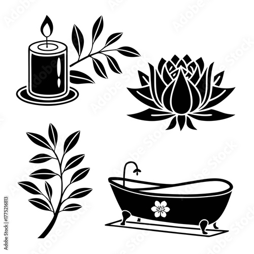 Elegant spa icons set with candle and bathtub