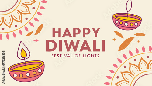 Festival of Lights Template — vibrant multicolor banner with artistic mandala motifs, radiant diya lamp at the center, and golden sparkles illuminating the background, joyful and festive Diwali 