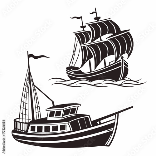 Two different boats, a fishing boat and a sailing ship