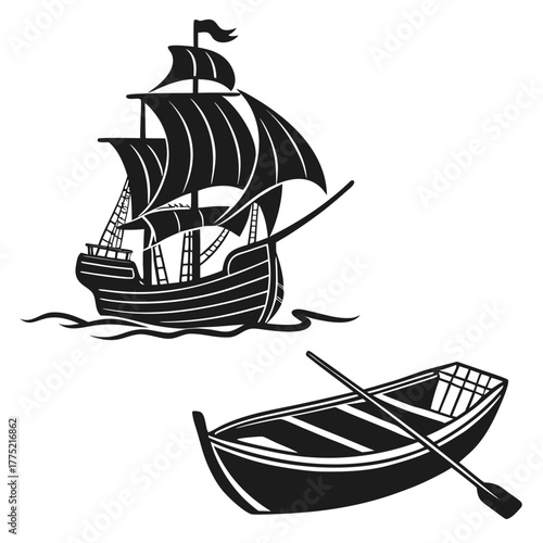 Two different boats, a rowboat and a sailing ship