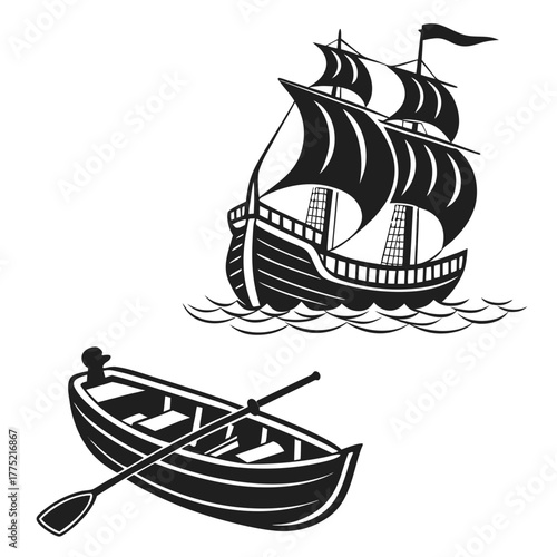 Tall ship and row boat on the water