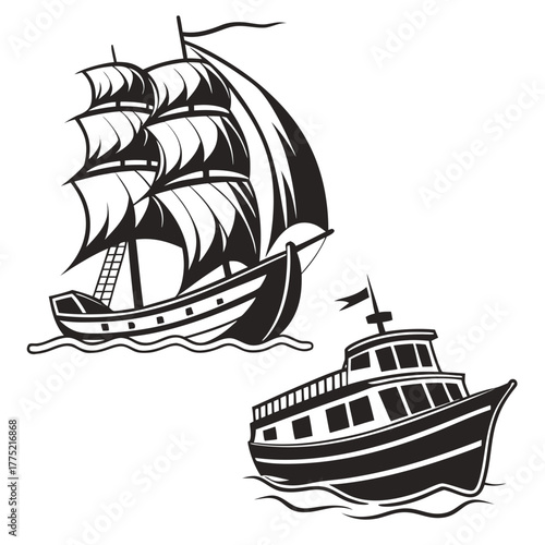 Sailing ship and motor boat on the water