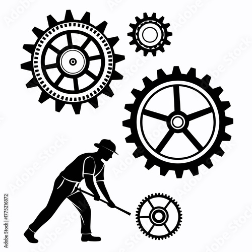 Man pushing gear with stick, gears and cogs