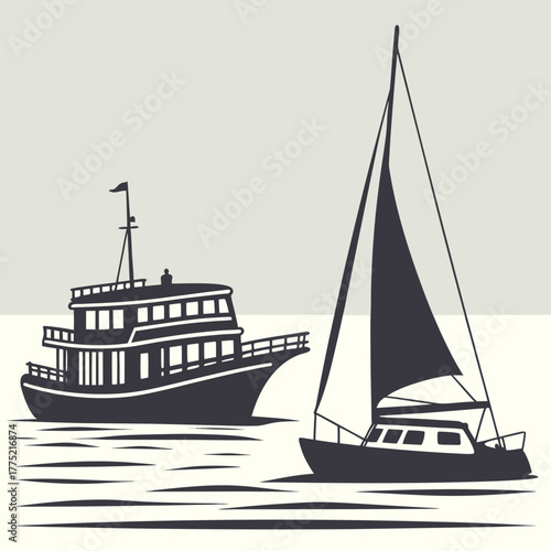 Silhouette of a sailboat and a motorboat on the water