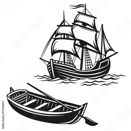 Two different boats, a rowboat and a sailing ship