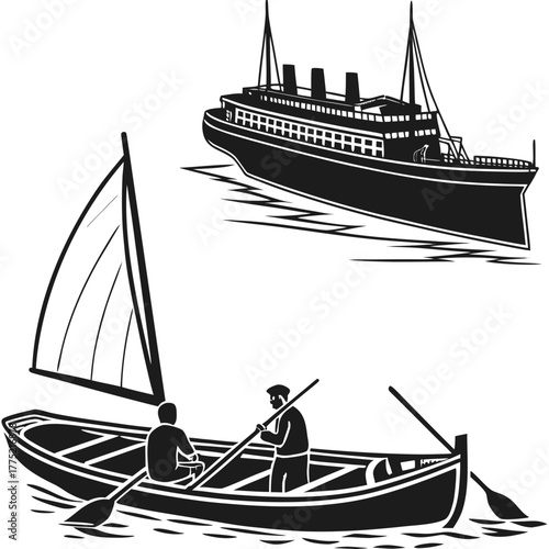 Silhouette of a steamship and a rowboat