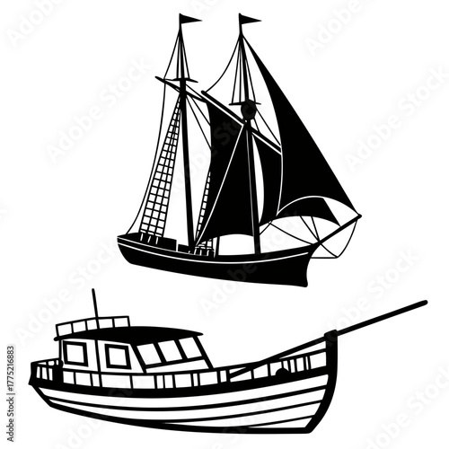 Silhouette of a sailing ship and a motorboat