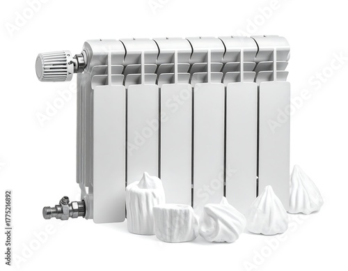 A white radiator with a control valve, placed beside a collection of decorative ornaments
