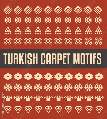 Turkish Anatlolian Carpet Motifs, Anatolia rug pattern vector set