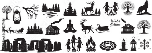 Collection of winter solstice silhouettes including reindeer, trees, cabins, meditation, lanterns, candles, snowflakes, and Stonehenge.