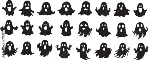 Collection of cute ghost silhouettes with different facial expressions and spooky shapes in black vector style, halloween character set for decoration