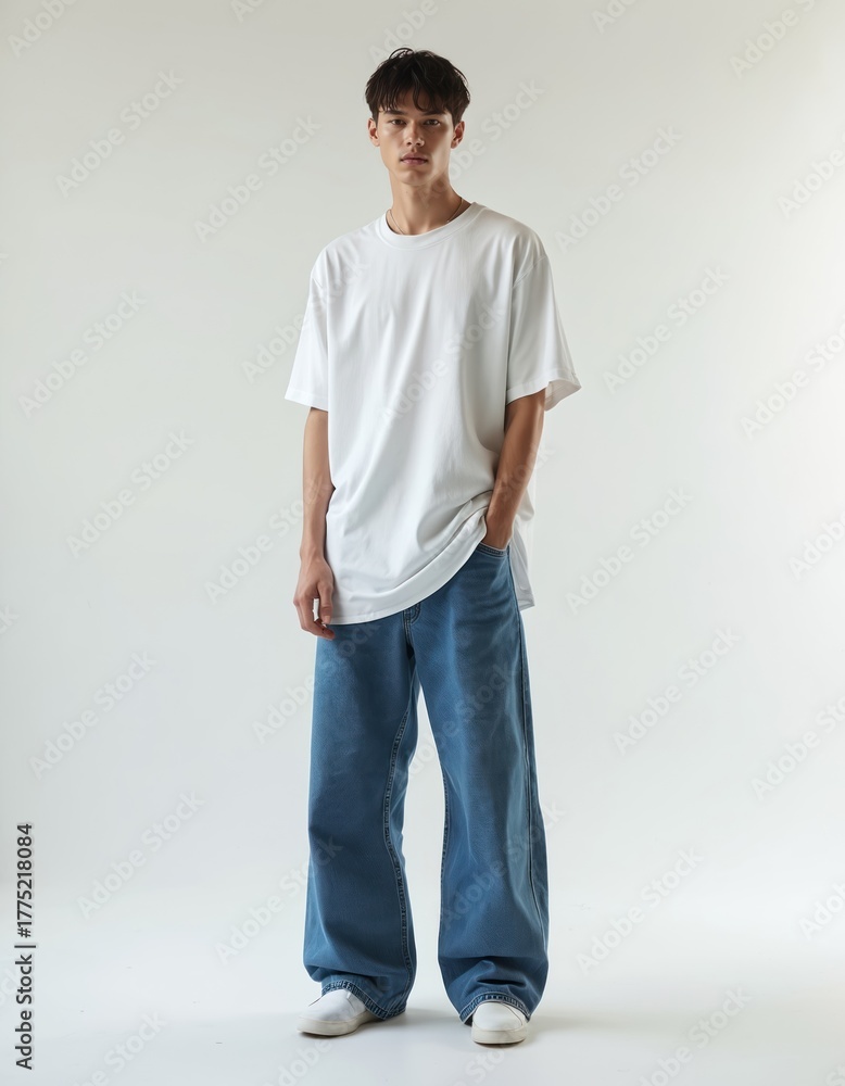 Fototapeta premium Handsome young male model poses in studio wearing casual outfit. Man is in white t shirt oversized jeans. Stylish guy stands against white background.