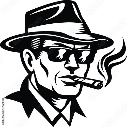 Black and white portrait depicts a man wearing a fedora while smoking a cigar