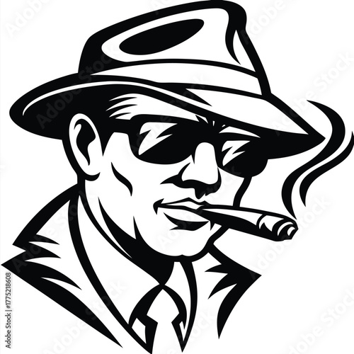 Confident man smoking cigar, wearing a hat and sunglasses in a black silhouette
