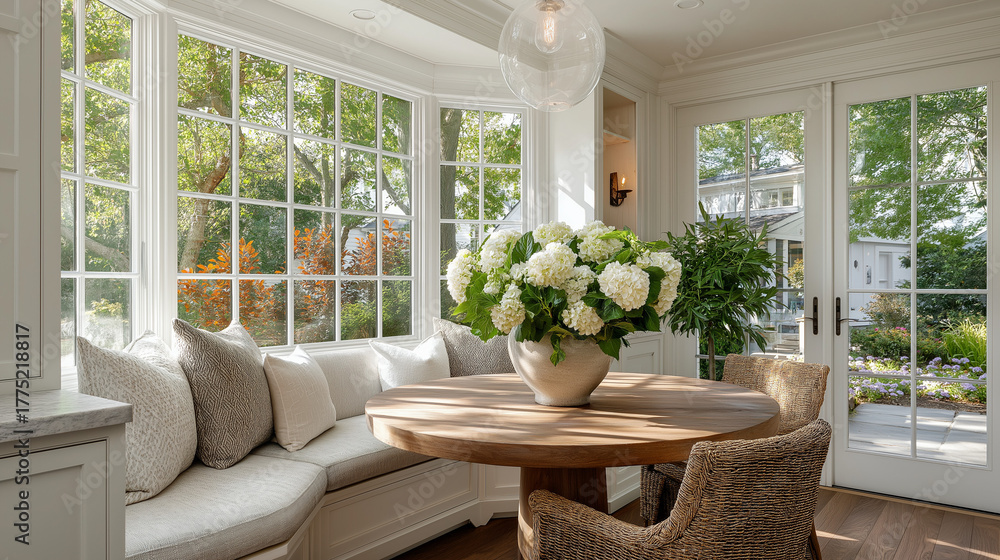 Fototapeta premium Light-Filled Interior: A cozy breakfast nook bathed in natural light, showcasing a round wooden table adorned with a vibrant floral arrangement.