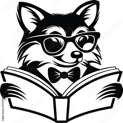 Cartoonish fox with glasses and bowtie enjoys reading a book intently
