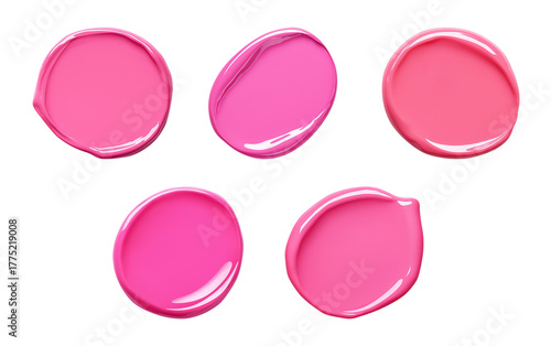 Round cosmetics swatches set, different pink color. Gel nail polish or liquid lipstick. Thick creamy texture with full coverage effect. Isolated element with clear even edge on transparent background