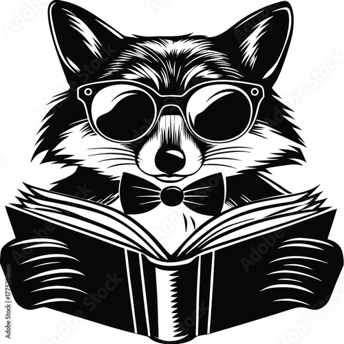 Clever fox wearing glasses and bow tie appears engrossed in reading an open book