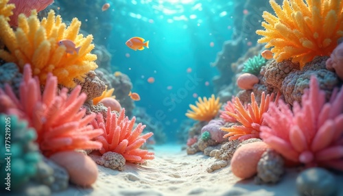 Fototapeta Naklejka Na Ścianę i Meble -  Vibrant 3D underwater illustration of colorful coral reef. Small orange fish swim among diverse pink, orange, yellow corals. Bright sun rays illuminate clear blue ocean water, sandy seabed. Tropical