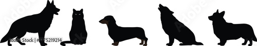 Animal silhouette, dog and cat, German Shepherd, Dachshund, Corgi, sitting cat, howling dog, black illustration, pet icon, posture