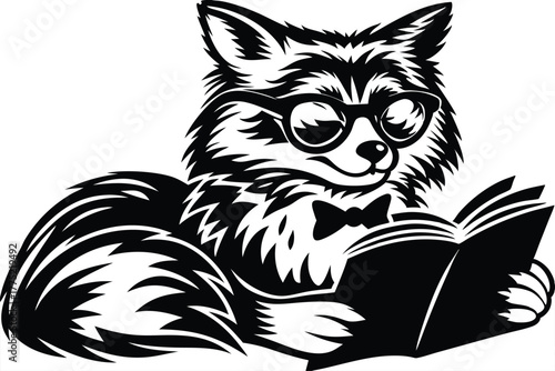 Detailed depicts a scholarly fox wearing glasses and a bow tie reading a book