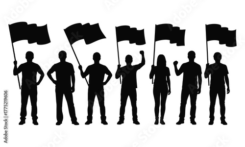 Protest crowd silhouette group of people holding flags and raising fists, black vector illustration symbolizing demonstration, activism, or unity