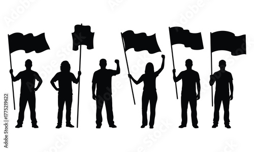 Protest crowd silhouette group of people holding flags and raising fists, black vector illustration symbolizing demonstration, activism, or unity