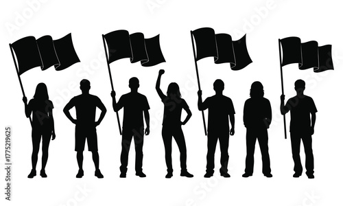 Protest crowd silhouette group of people holding flags and raising fists, black vector illustration symbolizing demonstration, activism, or unity