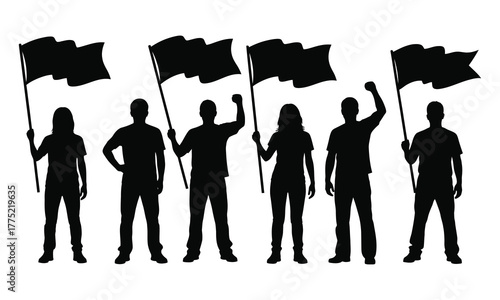 Protest crowd silhouette group of people holding flags and raising fists, black vector illustration symbolizing demonstration, activism, or unity