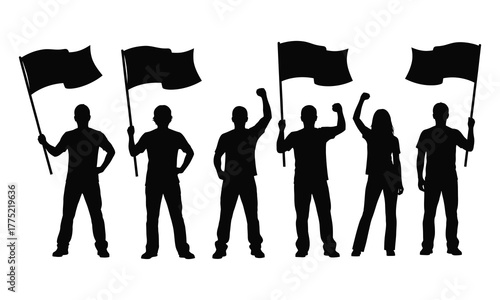 Protest crowd silhouette group of people holding flags and raising fists, black vector illustration symbolizing demonstration, activism, or unity