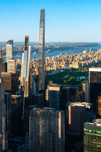 Aerial view of Midtown Manhattan with Billionaires Row supertall skyscrapers overlooking Central Park, the Upper West Side and the Hudson River. Modern New York City skyline, USA