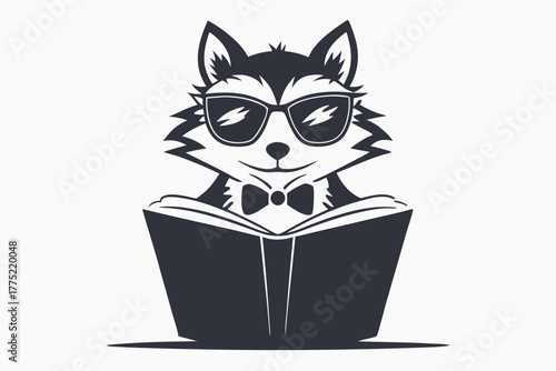 Cartoon husky with sunglasses and bowtie is shown reading a book while seated