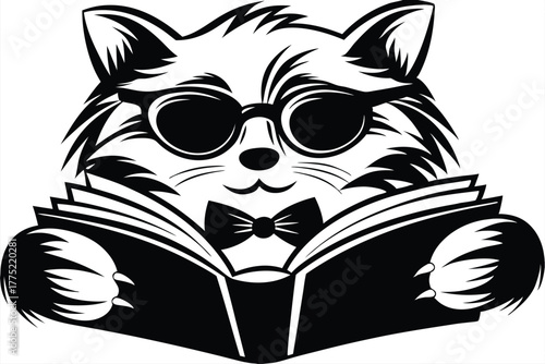 Elegant cat with glasses and bow tie is absorbed in reading a book