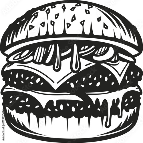 Delicious double cheeseburger oozes with tasty sauce in this bold black and white line illustration